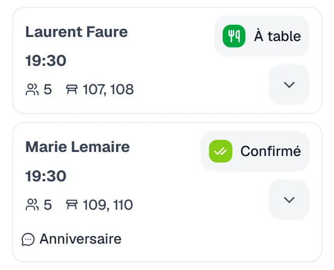Fiches de réservation : nom du client, heure, nombre de couverts et tables